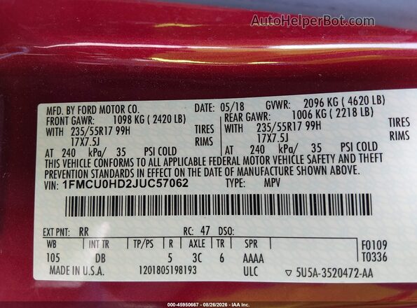 1FMCU0HD2JUC57062 2018 FORD ESCAPE Red Vista del compartimento del motor