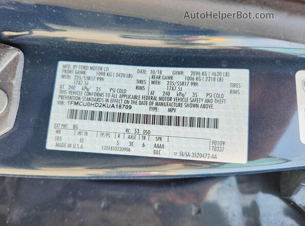 1FMCU0HD2KUA18709 2019 FORD ESCAPE Blue Панорамний вид салону 360°