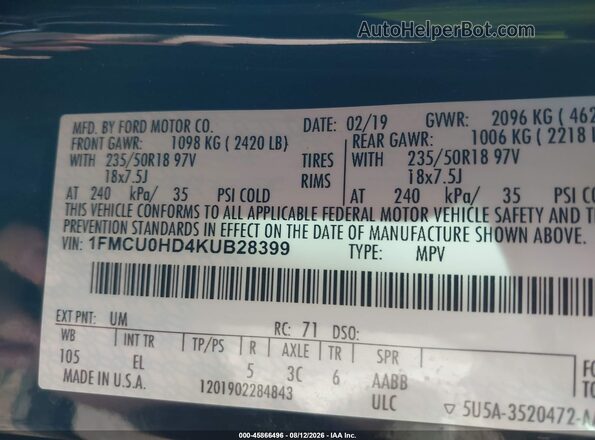 1FMCU0HD4KUB28399 2019 FORD ESCAPE Black ძრავის განყოფილების ხედი