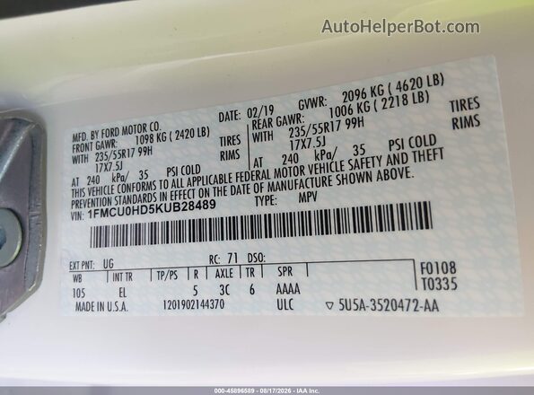 1FMCU0HD5KUB28489 2019 FORD ESCAPE Белый Вид подкапотного пространства