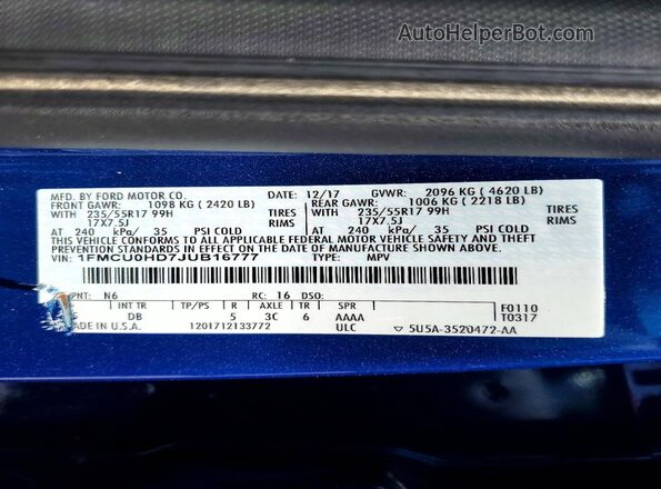 1FMCU0HD7JUB16777 2018 FORD ESCAPE Blue Vista interior de 360 grados
