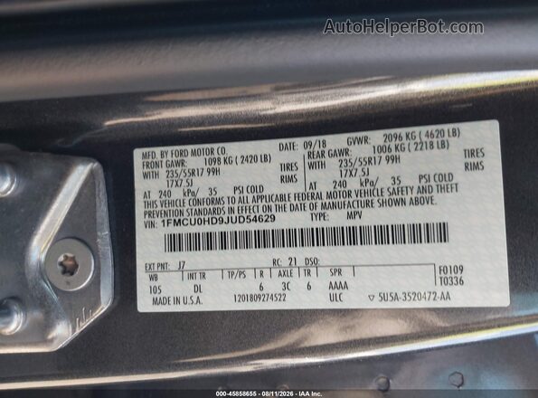 1FMCU0HD9JUD54629 2018 FORD ESCAPE Gray Вид підкапотного простору