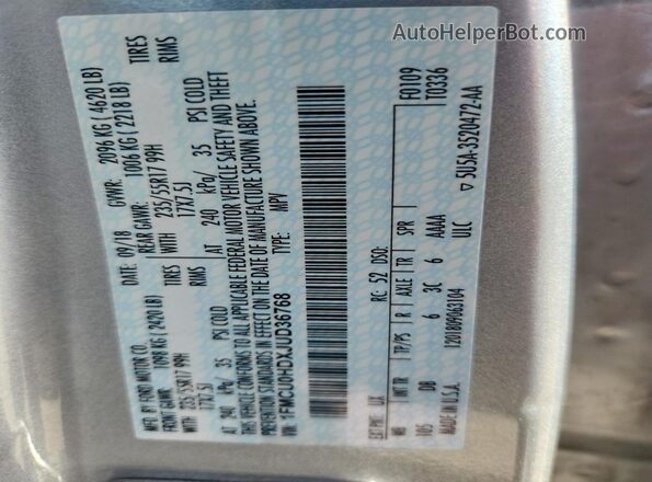 1FMCU0HDXJUD36768 2018 FORD ESCAPE Серебряный Вид наклейки с VIN-кодом
