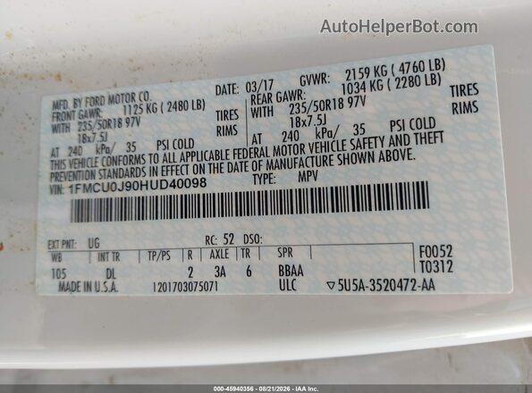 1FMCU0J90HUD40098 2017 FORD ESCAPE White Engine compartment view