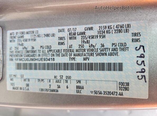 1FMCU0J90HUE93418 2017 FORD ESCAPE Silver Widok wnętrza 360 stopni