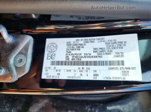 1FMCU0J91HUE58760 2017 FORD ESCAPE Black VIN sticker view