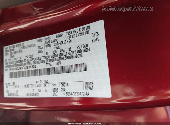 1FMCU0J93GUB31338 2016 FORD ESCAPE Red ძრავის განყოფილების ხედი