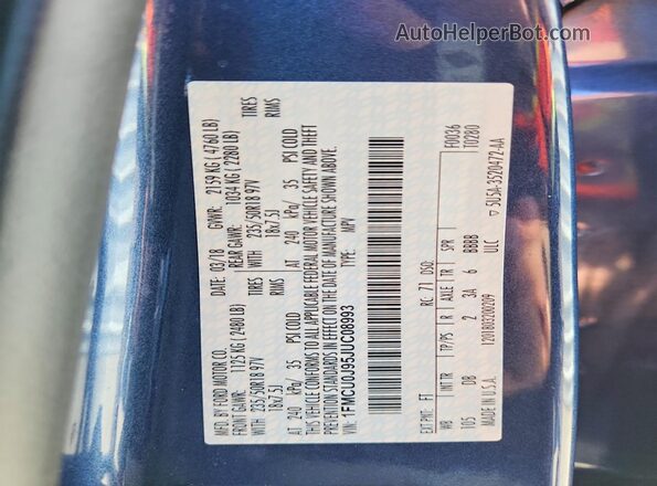 1FMCU0J95JUC08993 2018 FORD ESCAPE Blue VIN კოდის სტიკერის ხედი