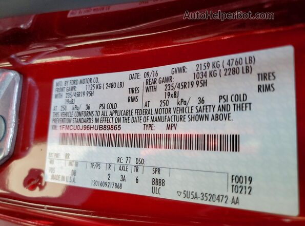 1FMCU0J96HUB89865 2017 FORD ESCAPE Burgundy Widok naklejki z numerem VIN