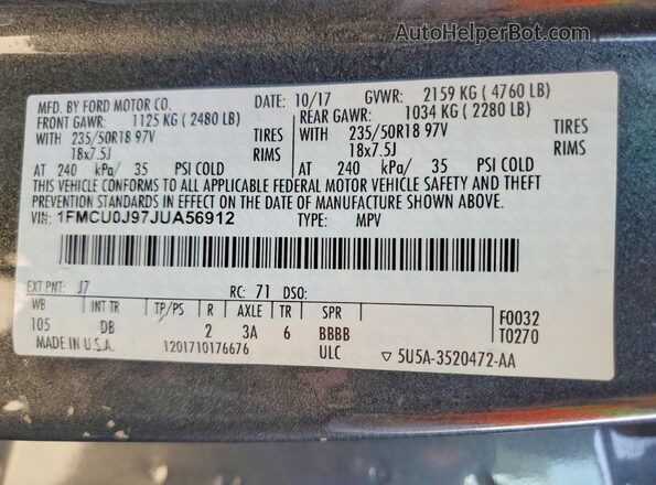 1FMCU0J97JUA56912 2018 FORD ESCAPE Charcoal Widok naklejki z numerem VIN