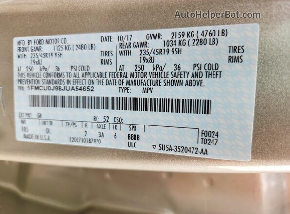 1FMCU0J98JUA54652 2018 FORD ESCAPE Желто-коричневый Вид наклейки с VIN-кодом