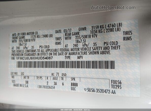 1FMCU0J9XHUD54087 2017 FORD ESCAPE White Շարժիչի բաժամունքի տեսք