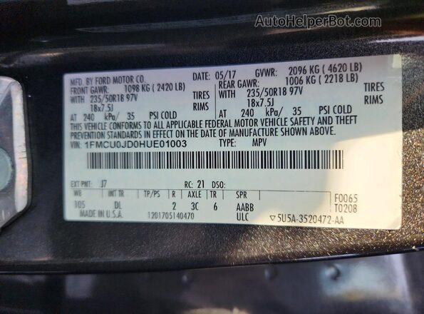 1FMCU0JD0HUE01003 2017 FORD ESCAPE Gray Widok naklejki z numerem VIN