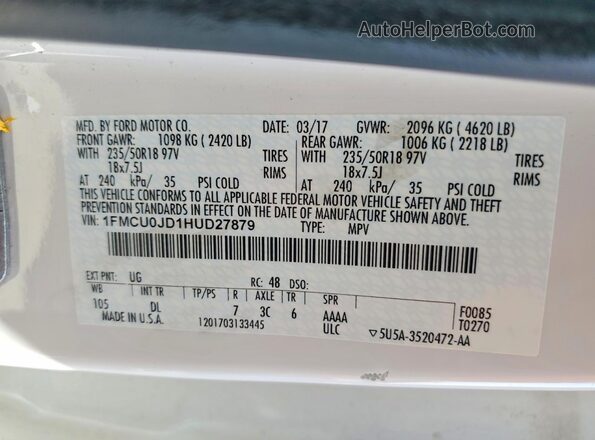 1FMCU0JD1HUD27879 2017 FORD ESCAPE White Вид наклейки з VIN-кодом