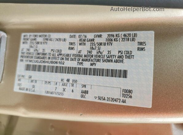 1FMCU0JD6HUB06102 2017 FORD ESCAPE Beige Widok naklejki z numerem VIN