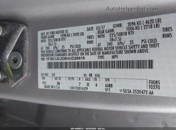 1FMCU0JD8HUD26616 2017 FORD ESCAPE Серебряный Вид подкапотного пространства