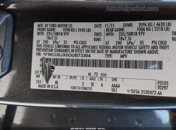 1FMCU0JX0GUB73304 2016 FORD ESCAPE Gray Widok komory silnika