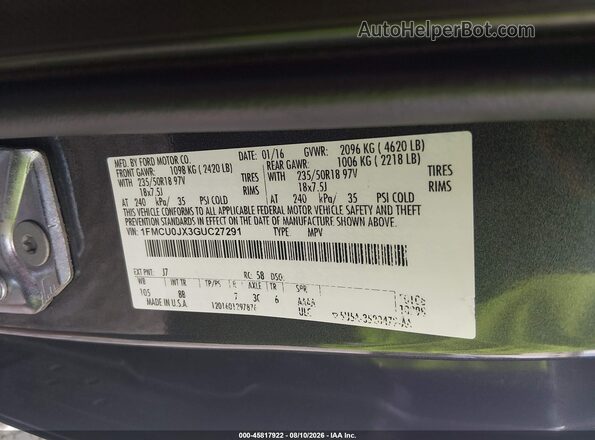 1FMCU0JX3GUC27291 2016 FORD ESCAPE Gray Widok komory silnika