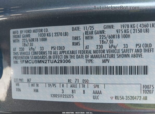 1FMCU0MN2TUA29306 2026 FORD ESCAPE Gray Widok komory silnika