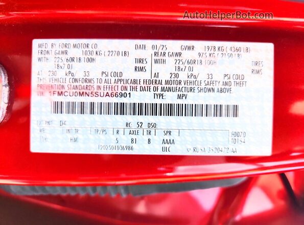 1FMCU0MN5SUA66901 2025 FORD ESCAPE Красный Панорамный вид салона 360°