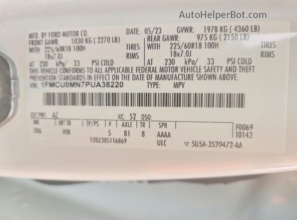 1FMCU0MN7PUA38220 2023 FORD ESCAPE White Widok wnętrza 360 stopni