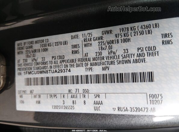 1FMCU0MN8TUA29374 2026 FORD ESCAPE Серый Вид подкапотного пространства