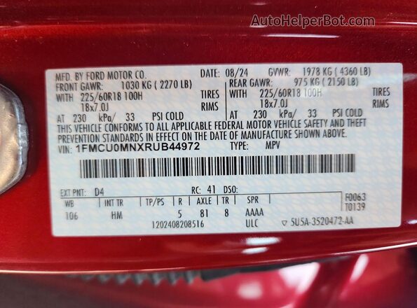 1FMCU0MNXRUB44972 2024 FORD ESCAPE Red Вид наклейки з VIN-кодом