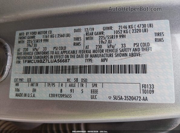 1FMCU9BZ7LUA56687 2020 FORD ESCAPE Silver Շարժիչի բաժամունքի տեսք