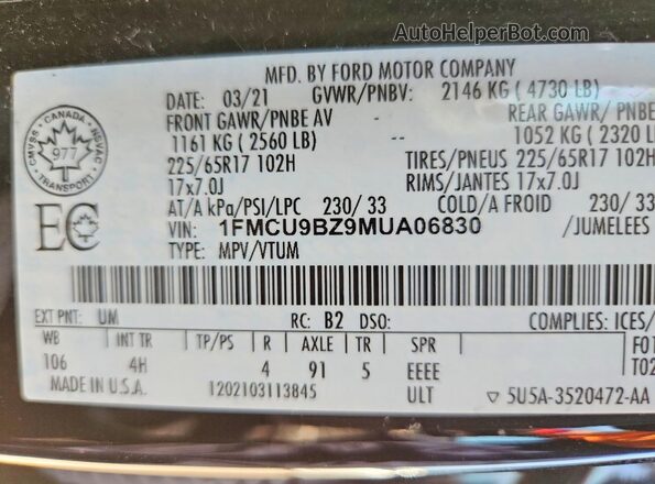 1FMCU9BZ9MUA06830 2021 FORD ESCAPE Черный Панорамный вид салона 360°