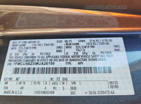 1FMCU9BZXMUA26150 2021 FORD ESCAPE Charcoal VIN კოდის სტიკერის ხედი