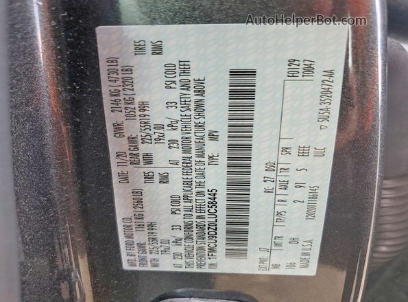 1FMCU9DZ0LUC58445 2020 FORD ESCAPE Gray VIN sticker view