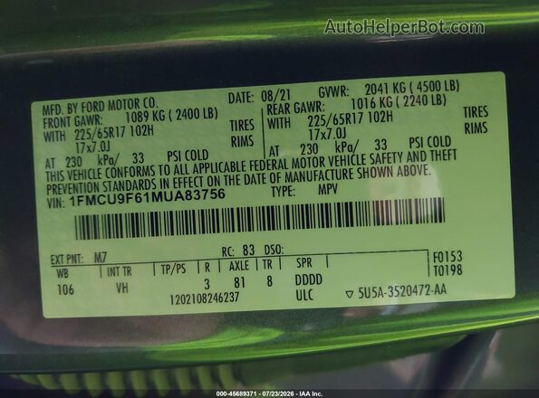 1FMCU9F61MUA83756 2021 FORD ESCAPE Серый Вид подкапотного пространства