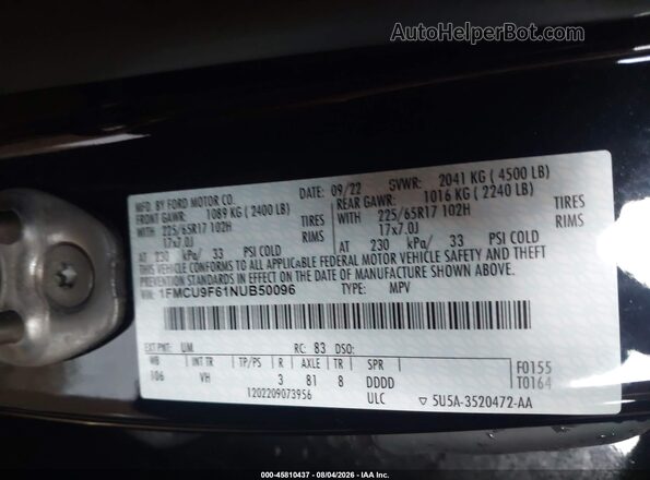 1FMCU9F61NUB50096 2022 FORD ESCAPE Black ძრავის განყოფილების ხედი