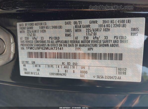 1FMCU9F62MUA73141 2021 FORD ESCAPE Black Շարժիչի բաժամունքի տեսք