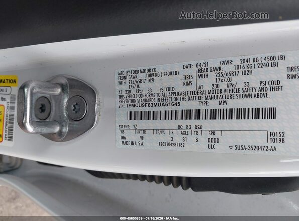 1FMCU9F63MUA61645 2021 FORD ESCAPE White Engine compartment view