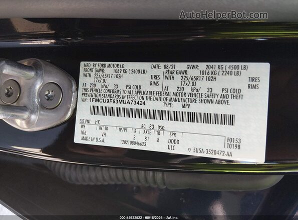 1FMCU9F63MUA73424 2021 FORD ESCAPE Черный Вид подкапотного пространства