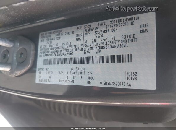 1FMCU9F64MUA73996 2021 FORD ESCAPE Gray Вид підкапотного простору