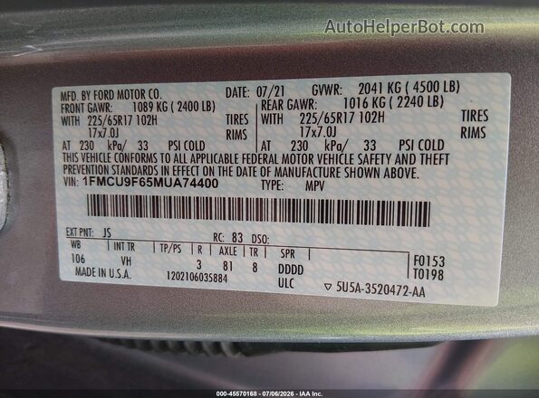 1FMCU9F65MUA74400 2021 FORD ESCAPE Серебряный Вид подкапотного пространства