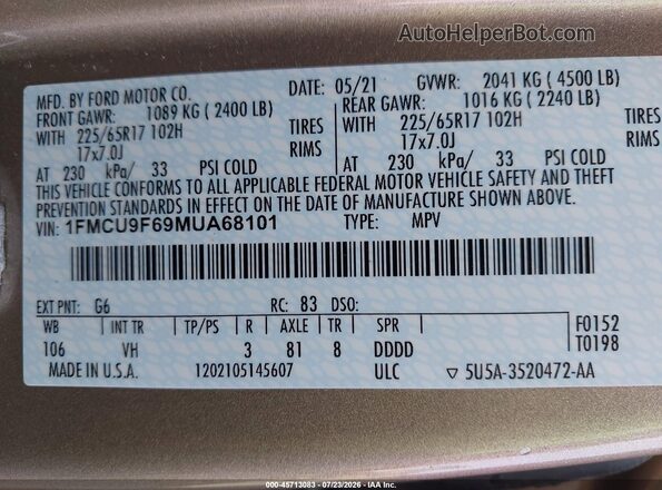 1FMCU9F69MUA68101 2021 FORD ESCAPE Tan Вид підкапотного простору