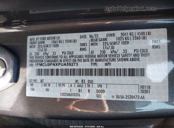 1FMCU9FNXPUA59273 2023 FORD ESCAPE Gray Vista del compartimento del motor