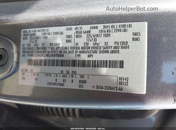 1FMCU9G62MUA95686 2021 FORD ESCAPE Серебряный Вид подкапотного пространства