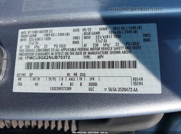 1FMCU9G62NUB70372 2022 FORD ESCAPE Blue ძრავის განყოფილების ხედი