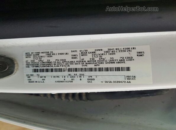 1FMCU9G63LUA72545 2020 FORD ESCAPE White Widok naklejki z numerem VIN