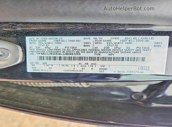 1FMCU9G64LUB96355 2020 FORD ESCAPE Black Widok naklejki z numerem VIN