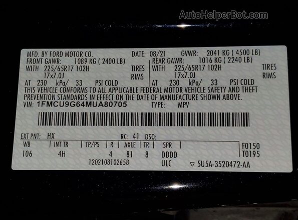 1FMCU9G64MUA80705 2021 FORD ESCAPE Blue VIN կոդի պիտակի տեսք