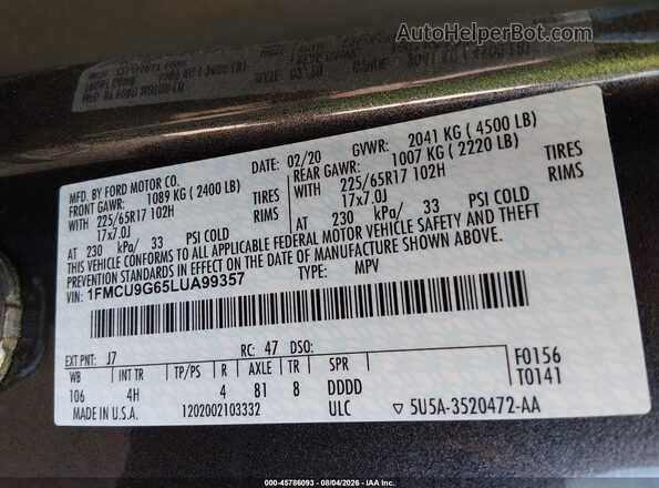 1FMCU9G65LUA99357 2020 FORD ESCAPE Gray ძრავის განყოფილების ხედი