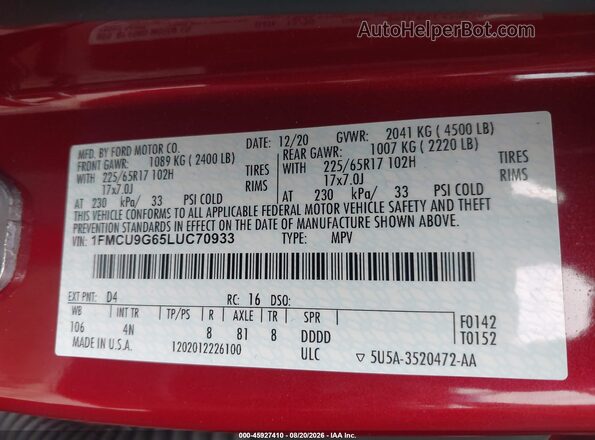 1FMCU9G65LUC70933 2020 FORD ESCAPE Red Widok komory silnika