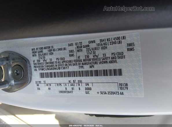 1FMCU9G65NUB13017 2022 FORD ESCAPE White Engine compartment view