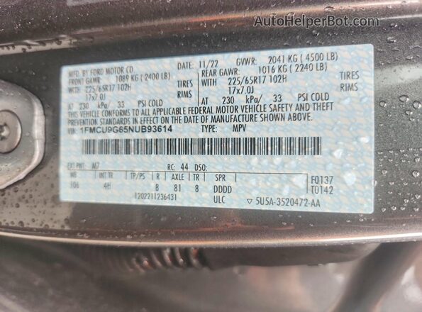 1FMCU9G65NUB93614 2022 FORD ESCAPE Gray Widok naklejki z numerem VIN