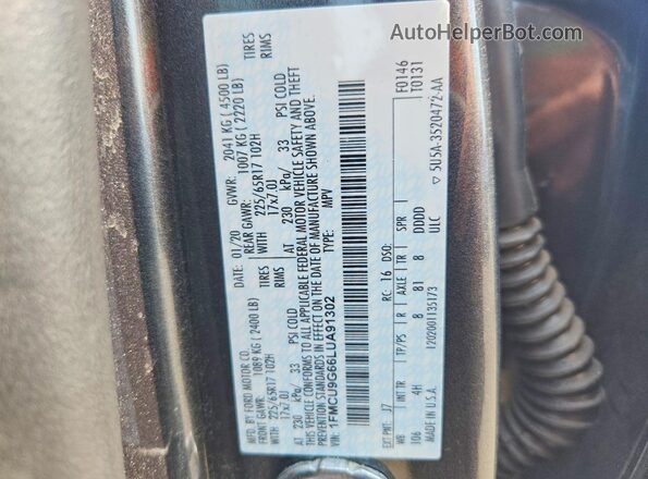 1FMCU9G66LUA91302 2020 FORD ESCAPE Gray VIN կոդի պիտակի տեսք